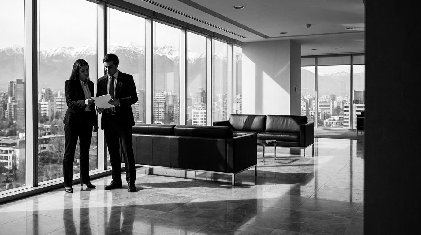 Equipo de abogados en oficina con vista a Santiago y la cordillera de los Andes